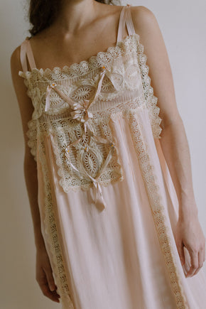 1920s pink silk crepe rosette ribbon nightgown