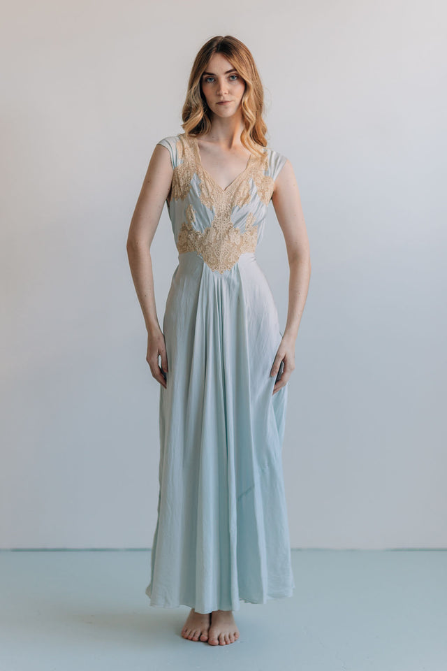 1930s bias blue silk lace slip, France