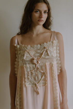 1920s pink silk crepe rosette ribbon nightgown