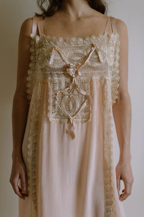 1920s pink silk crepe rosette ribbon nightgown