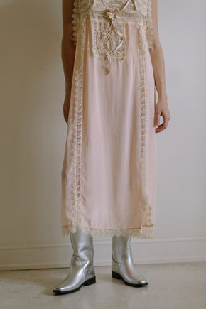 1920s pink silk crepe rosette ribbon nightgown