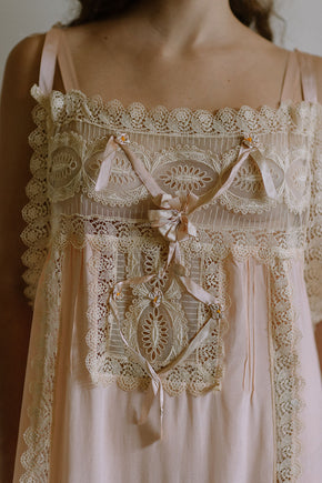 1920s pink silk crepe rosette ribbon nightgown