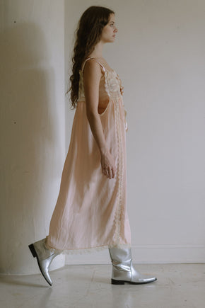 1920s pink silk crepe rosette ribbon nightgown