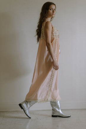 1920s pink silk crepe rosette ribbon nightgown