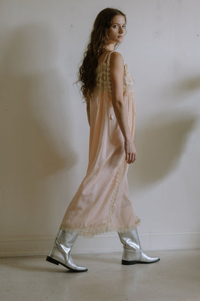 1920s pink silk crepe rosette ribbon nightgown