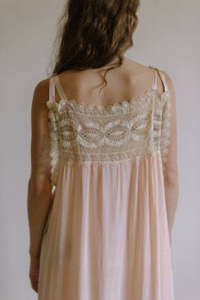 1920s pink silk crepe rosette ribbon nightgown