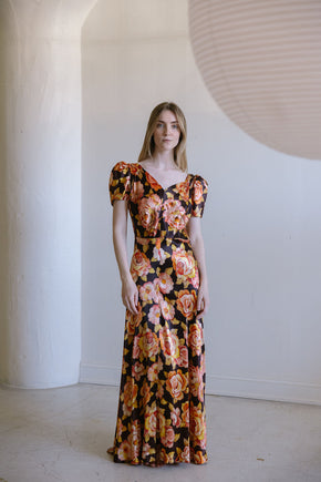 1930s crepe back satin floral gown