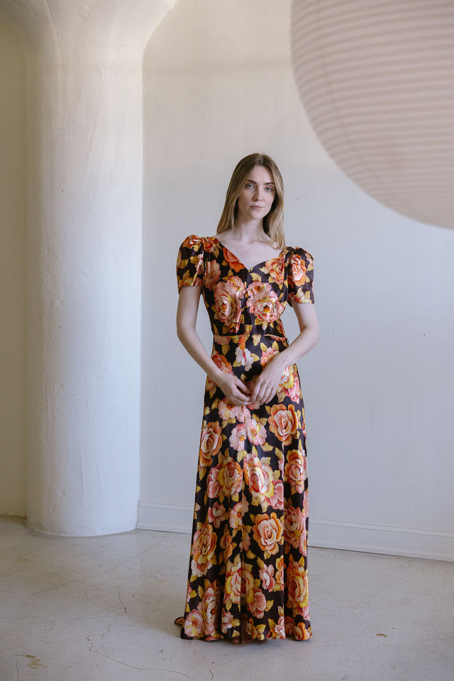 1930s crepe back satin floral gown