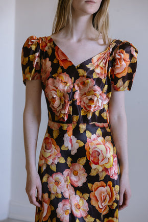 1930s crepe back satin floral gown