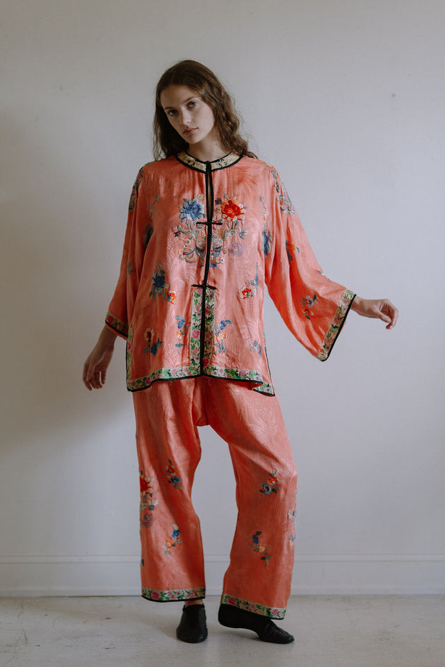 1920s salmon silk Chinese PJ set