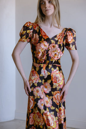 1930s crepe back satin floral gown