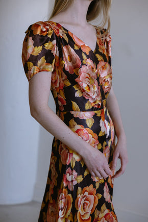 1930s crepe back satin floral gown