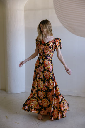 1930s crepe back satin floral gown