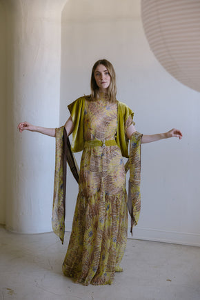 1920s silk chiffon chartreuse silk velvet 4 piece set