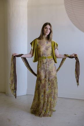 1920s silk chiffon chartreuse silk velvet 4 piece set