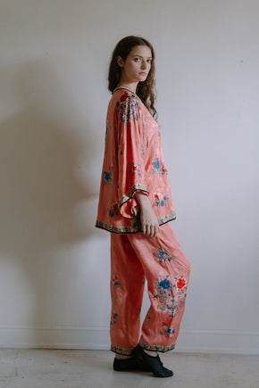1920s salmon silk Chinese PJ set
