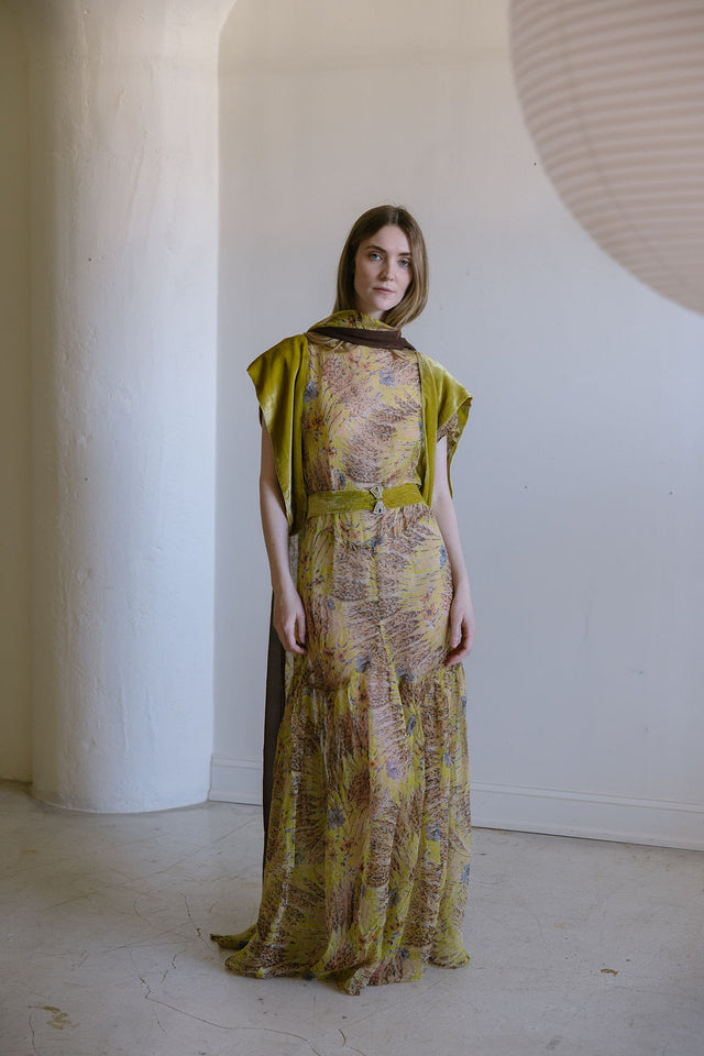 1920s silk chiffon chartreuse silk velvet 4 piece set