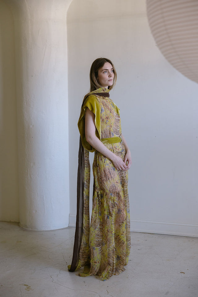 1920s silk chiffon chartreuse silk velvet 4 piece set