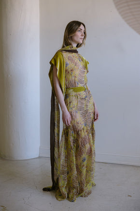 1920s silk chiffon chartreuse silk velvet 4 piece set