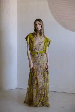 1920s silk chiffon chartreuse silk velvet 4 piece set