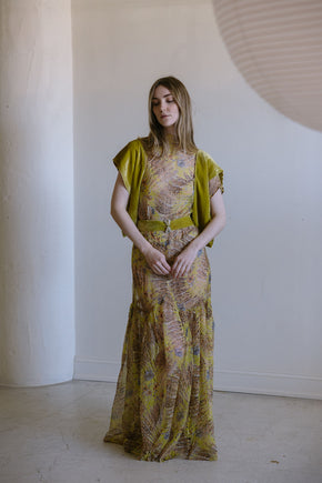 1920s silk chiffon chartreuse silk velvet 4 piece set