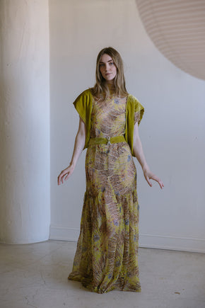 1920s silk chiffon chartreuse silk velvet 4 piece set