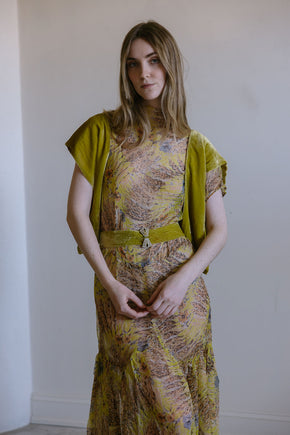 1920s silk chiffon chartreuse silk velvet 4 piece set