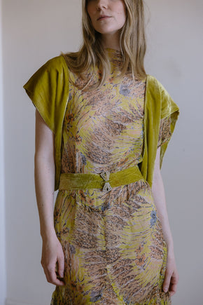 1920s silk chiffon chartreuse silk velvet 4 piece set