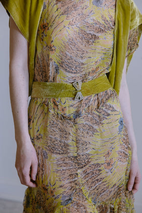 1920s silk chiffon chartreuse silk velvet 4 piece set