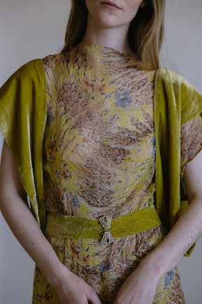 1920s silk chiffon chartreuse silk velvet 4 piece set