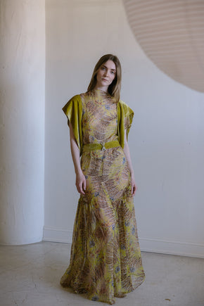 1920s silk chiffon chartreuse silk velvet 4 piece set