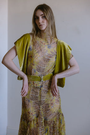 1920s silk chiffon chartreuse silk velvet 4 piece set