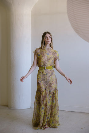 1920s silk chiffon chartreuse silk velvet 4 piece set