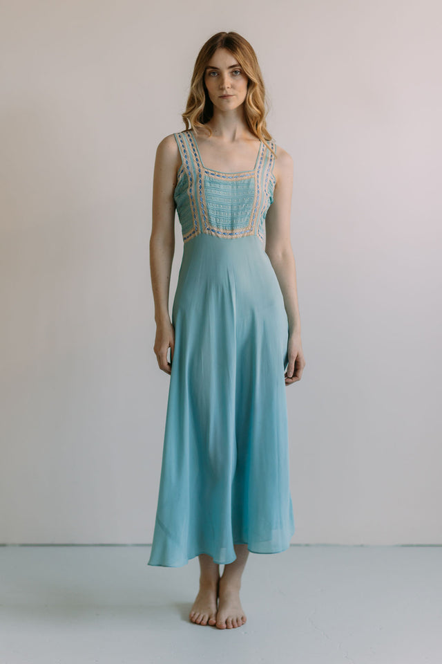 1930s French blue dotted ribbon slip dress