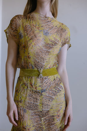 1920s silk chiffon chartreuse silk velvet 4 piece set