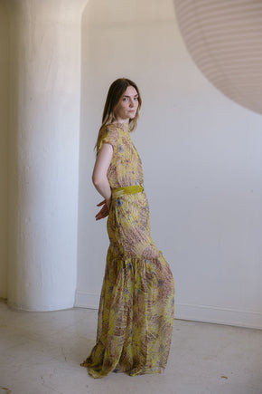 1920s silk chiffon chartreuse silk velvet 4 piece set