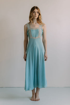 1930s French blue dotted ribbon slip dress