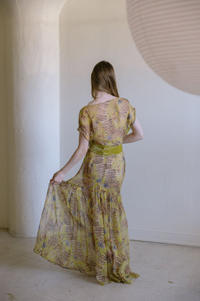 1920s silk chiffon chartreuse silk velvet 4 piece set