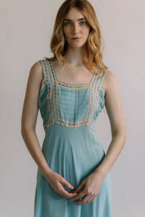 1930s French blue dotted ribbon slip dress