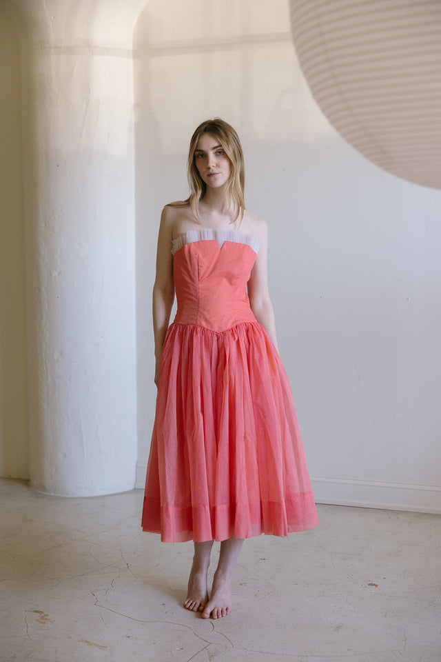 1940s strapless swiss dot tulle dress