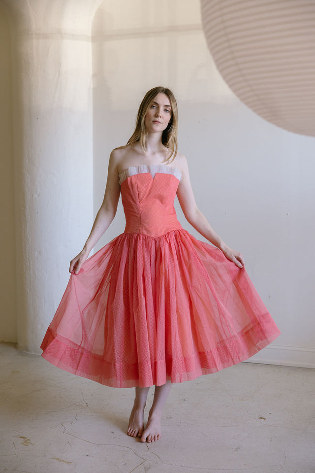 1940s strapless swiss dot tulle dress