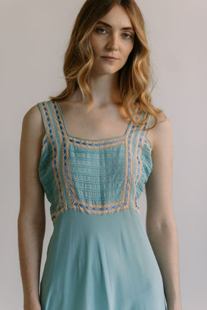 1930s French blue dotted ribbon slip dress