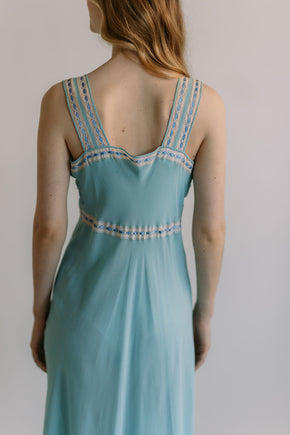 1930s French blue dotted ribbon slip dress