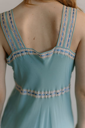 1930s French blue dotted ribbon slip dress