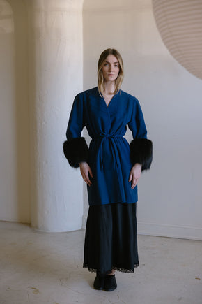 1940s cobalt blue wool fox fur cuff coat