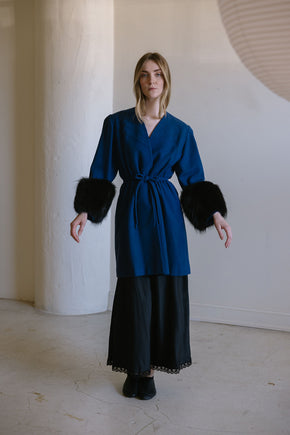1940s cobalt blue wool fox fur cuff coat