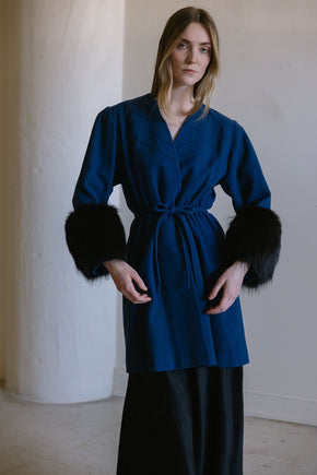 1940s cobalt blue wool fox fur cuff coat