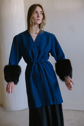 1940s cobalt blue wool fox fur cuff coat