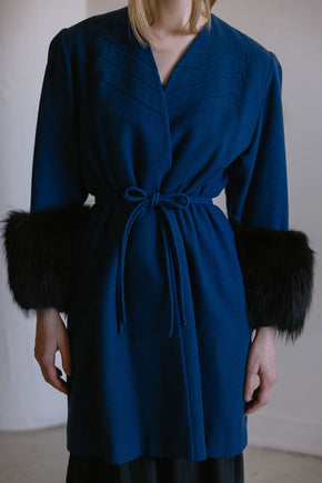 1940s cobalt blue wool fox fur cuff coat