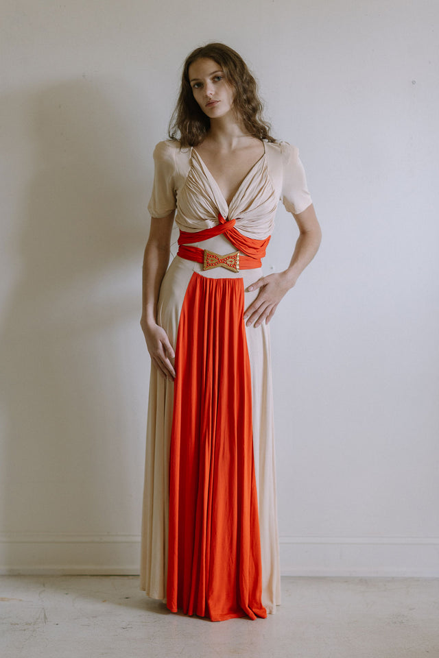 1940s color block jersey gown